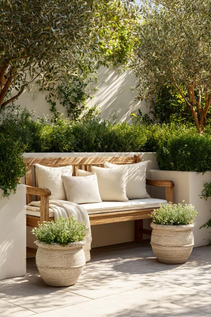 patio container garden with symmetrical planters around wooden bench and neutral outdoor seating