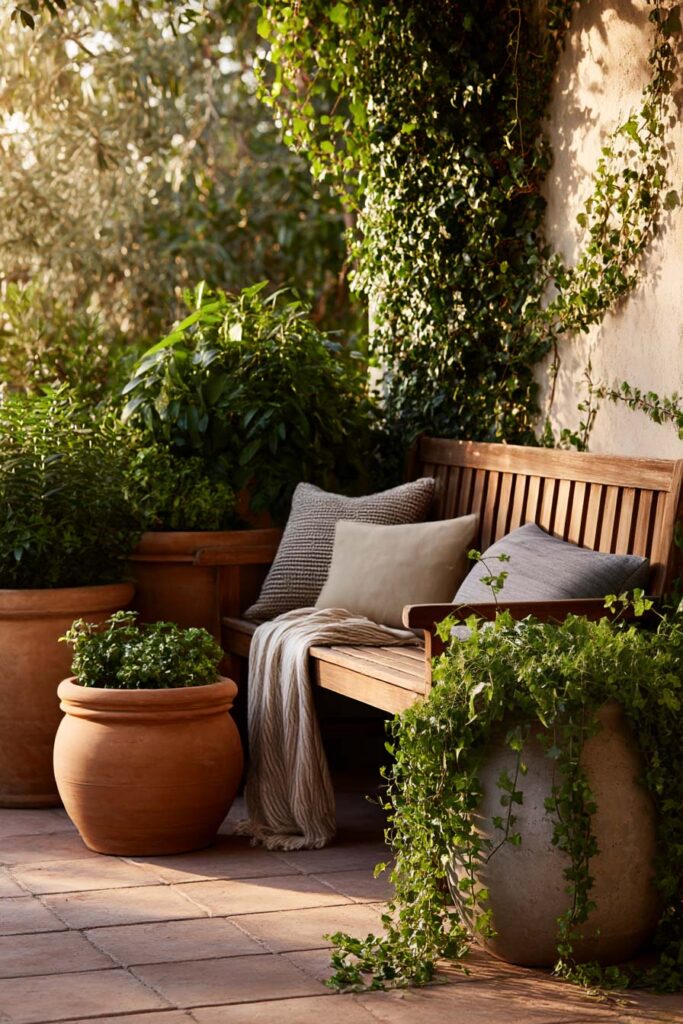 simple high-end container garden with mixed greenery, terracotta pots, trailing vines, and cozy outdoor seating