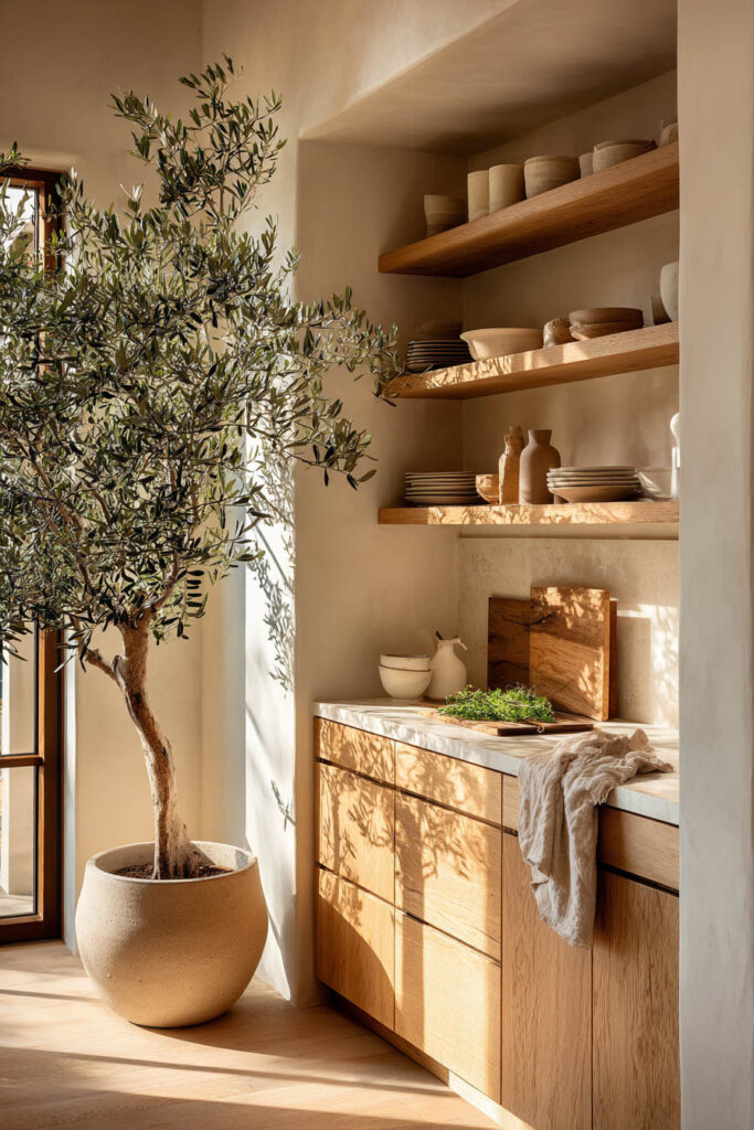 Warm neutral kitchen with oversized indoor olive tree, natural wood cabinets, open shelving, and cozy organic modern decor ideas