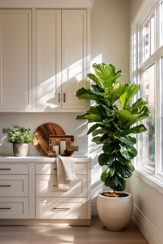 Large fiddle leaf fig tree styled in a bright neutral kitchen with warm wood accents, white cabinetry, natural sunlight, and organic modern decor.