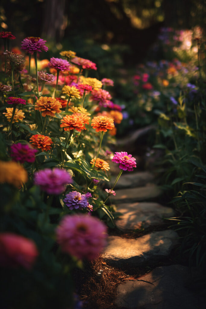 Colorful heat-tolerant flowers growing along a garden pathway with drought-resistant summer blooms in warm sunlight