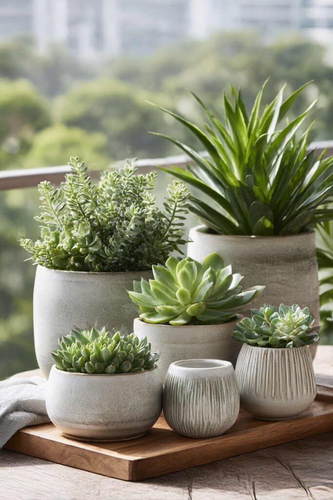 Heat-tolerant outdoor succulents in neutral ceramic planters on a sunny balcony with low-maintenance drought-resistant plants