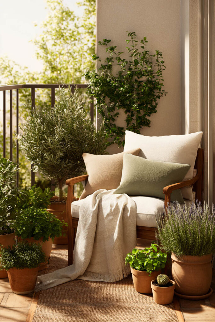 Small balcony garden with cozy neutral seating, terracotta pots, lavender, olive tree, and heat-tolerant plants creating a private outdoor retreat