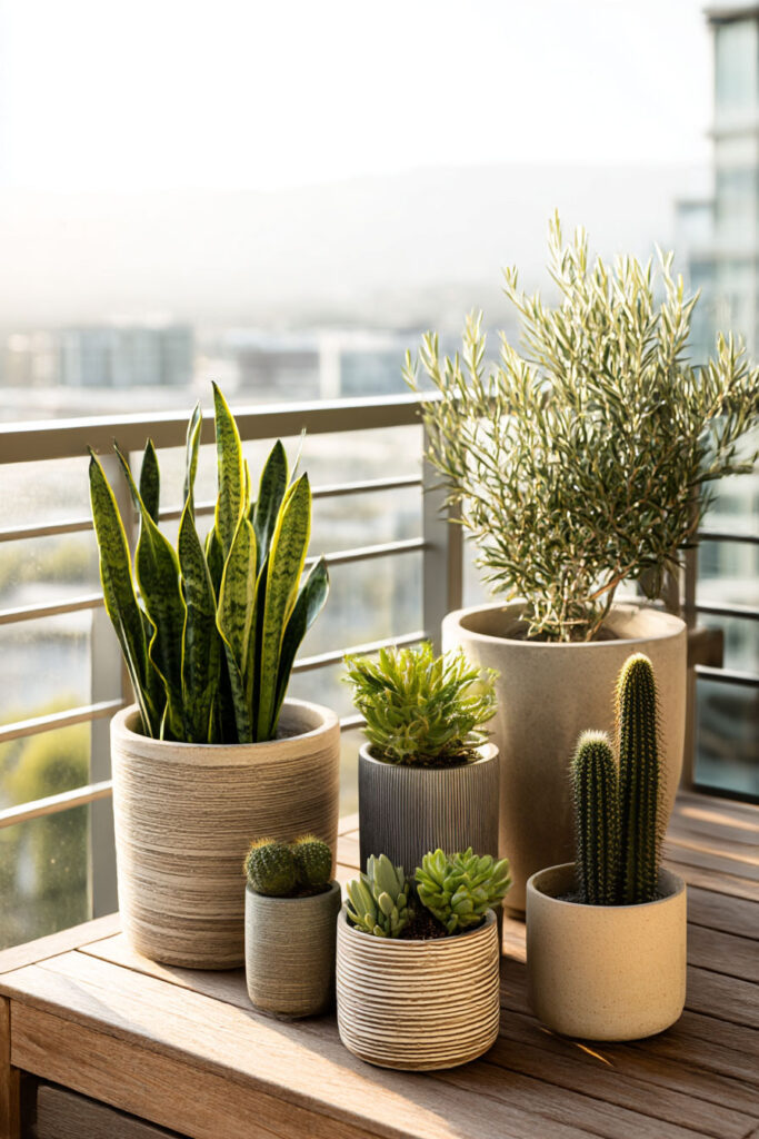 Heat-tolerant balcony plants including snake plants, succulents, cacti, and olive tree in neutral outdoor planters