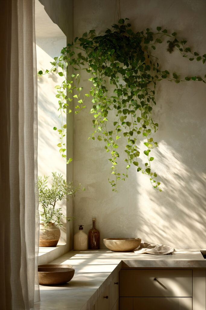 Trailing hanging pothos plant in a warm neutral kitchen with natural sunlight, textured walls, and organic modern decor.