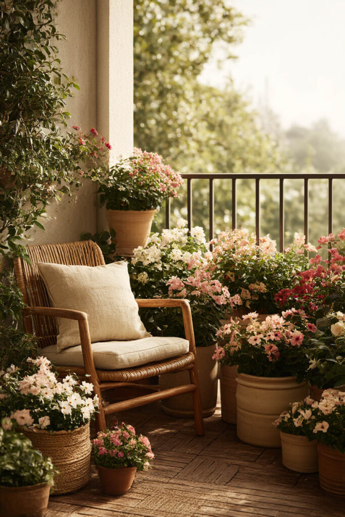 Romantic small balcony garden with heat-tolerant pink and white flowers, woven chair, terracotta pots, and cozy outdoor seating