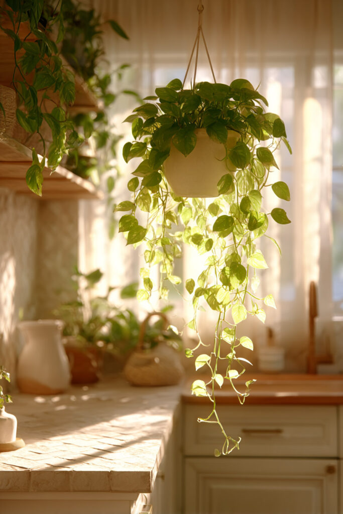 Cozy kitchen with hanging pothos plant, warm sunlight, neutral decor, and organic modern kitchen styling