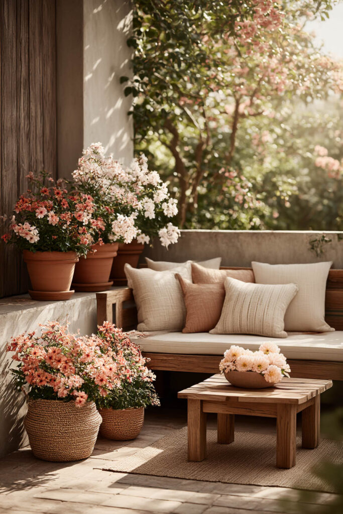 Cozy small balcony lounge with heat-tolerant flowers, neutral cushions, wood furniture, and layered terracotta planters in warm sunlight