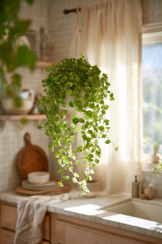 Hanging trailing pothos plant in a cozy neutral kitchen with soft sunlight, wood accents, and warm organic decor styling.