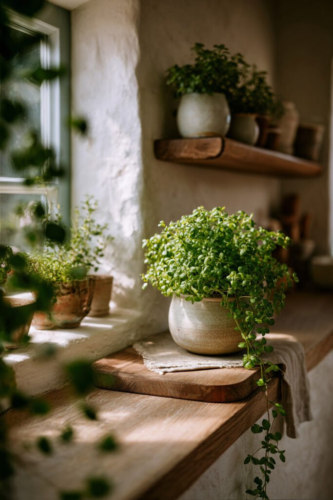 Small cozy kitchen with trailing plant decor, rustic wood countertops, soft natural light, and organic styling ideas