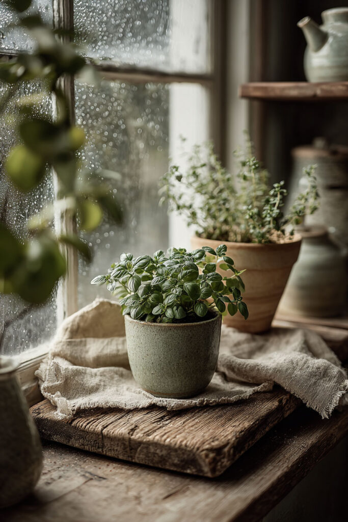 Cozy kitchen windowsill herb styling with basil plants, rustic wood countertop, soft linen textures, and rainy window light