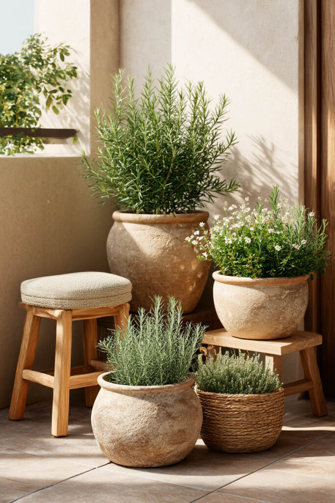 Heat-tolerant potted plants and herbs styled in oversized clay planters on a cozy small balcony with warm natural textures