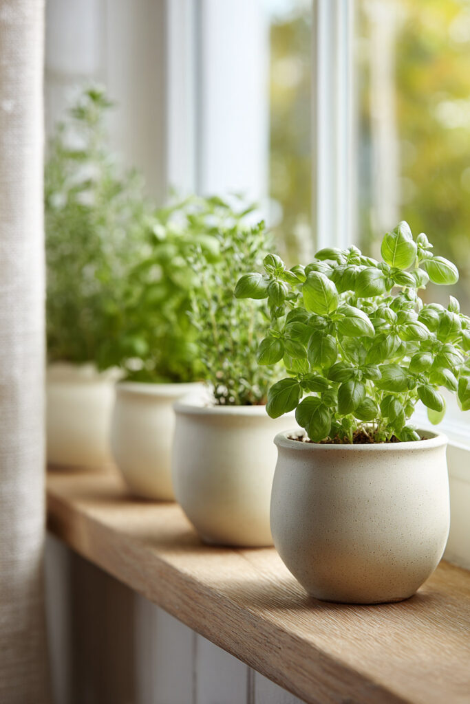 Fresh basil and herb plants styled on a bright kitchen windowsill with neutral ceramic pots and soft natural sunlight.