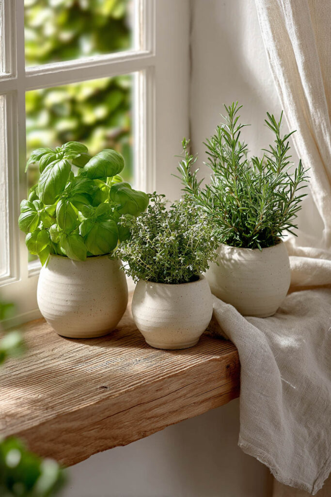Kitchen herb plants on a rustic windowsill with basil, thyme, and rosemary in neutral ceramic pots and soft natural sunlight.