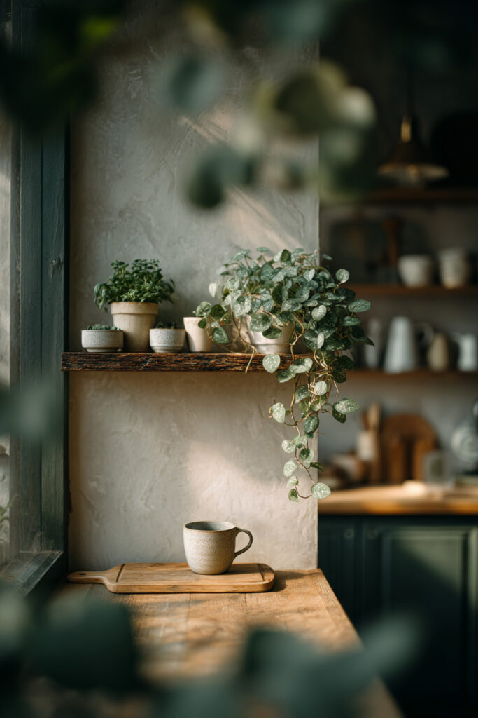 Small cozy kitchen corner with trailing plant, rustic wood shelf, ceramic decor, and warm natural light