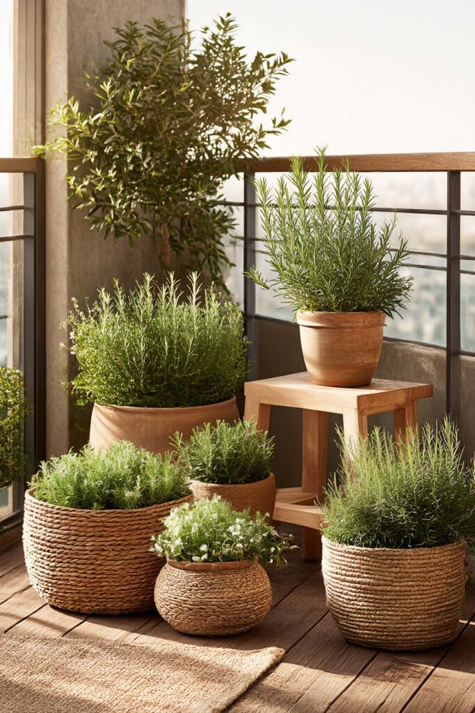 Small balcony garden with woven planters, rosemary, lavender, and heat-tolerant potted plants styled in warm natural sunlight