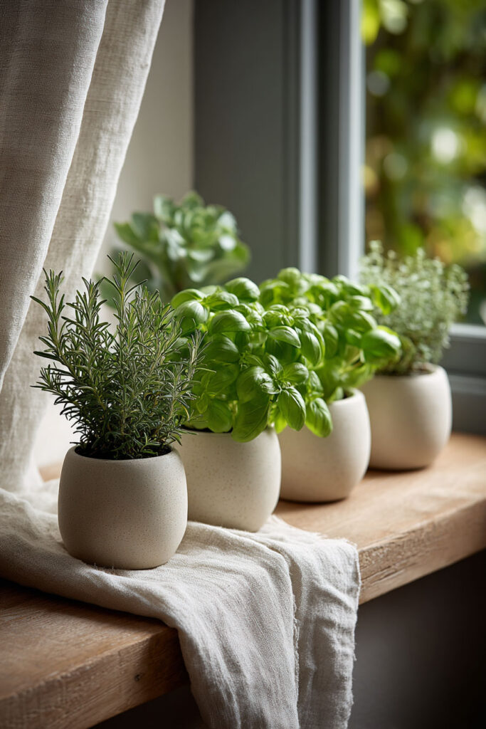 Rosemary, basil, and fresh herbs styled on a rustic kitchen windowsill in neutral ceramic pots with soft natural light.