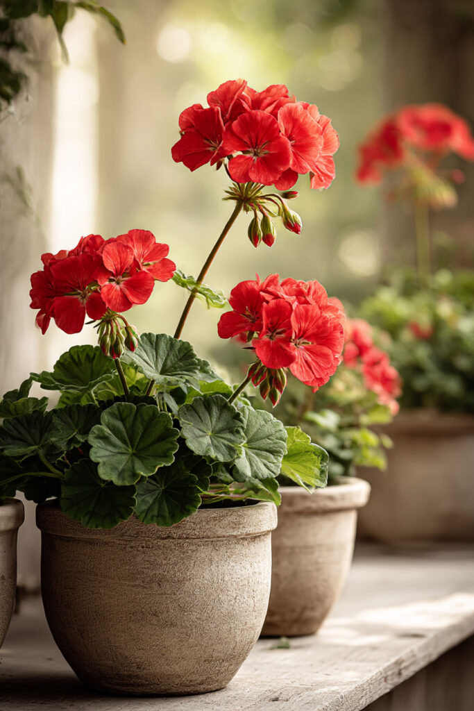 Red geraniums in clay pots on a sunny balcony with heat-tolerant flowering plants for small outdoor spaces