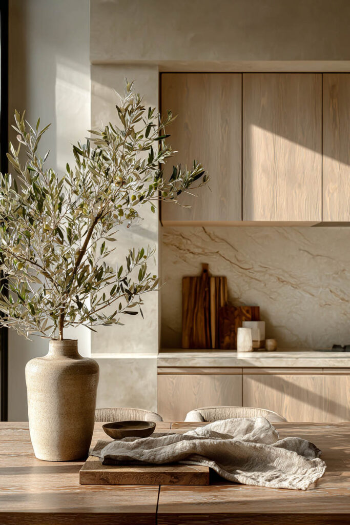 Warm neutral kitchen with olive branches, natural wood cabinets, linen textures, and organic modern decor styling