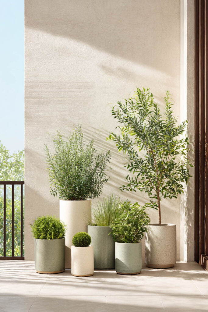 Minimalist small balcony garden with modern neutral planters, olive tree, rosemary, and heat-tolerant potted plants in sunlight