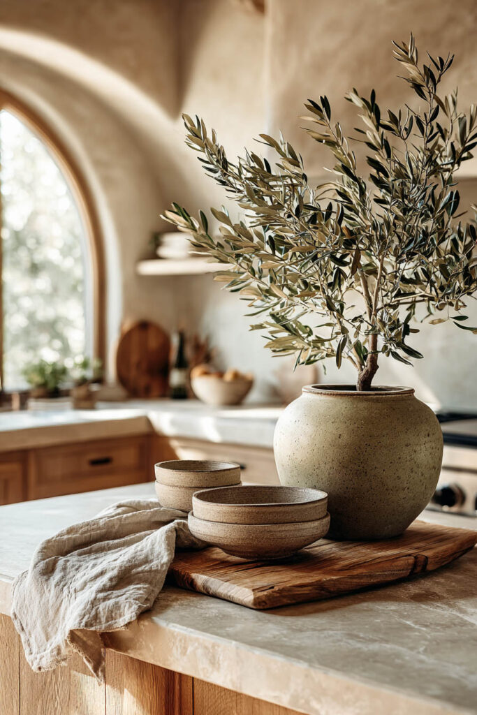Warm organic kitchen with olive branch arrangement, natural wood accents, stone countertops, and neutral decor styling