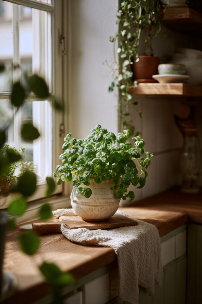 Small kitchen herb plant styled on a wooden countertop beside a window with soft natural light and cozy neutral decor.