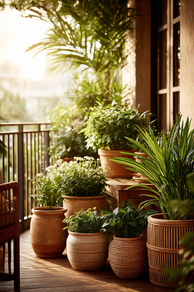 Lush small balcony garden with tropical plants, woven planters, terracotta pots, and heat-tolerant greenery in warm sunlight