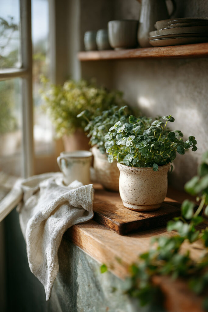 Small kitchen countertop styled with potted greenery, warm wood textures, open shelving, and soft natural window light.