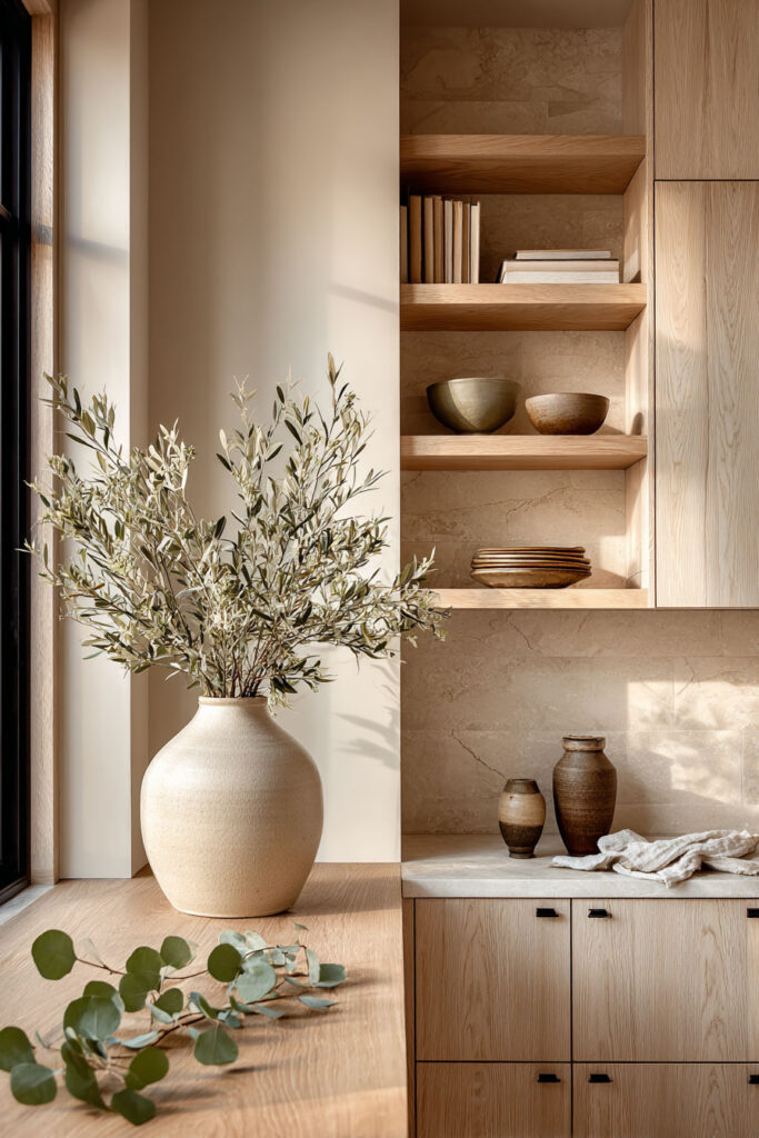 Warm minimalist kitchen with olive branches, natural wood shelves, earthy ceramics, and organic neutral decor styling