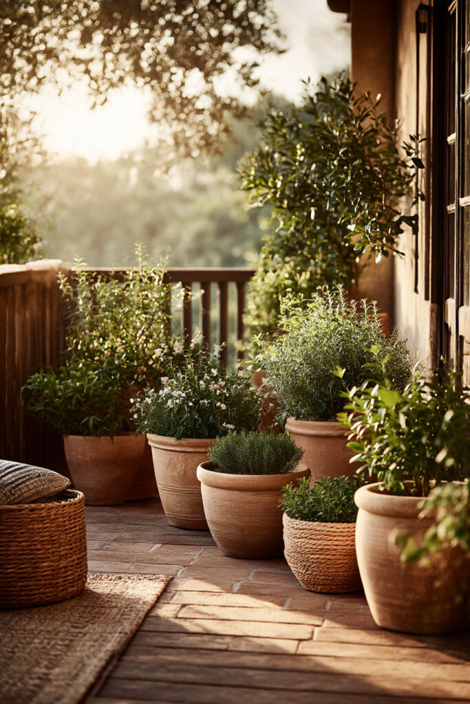 Cozy balcony garden with terracotta planters, heat-tolerant plants, woven textures, and warm sunset lighting in a small outdoor space