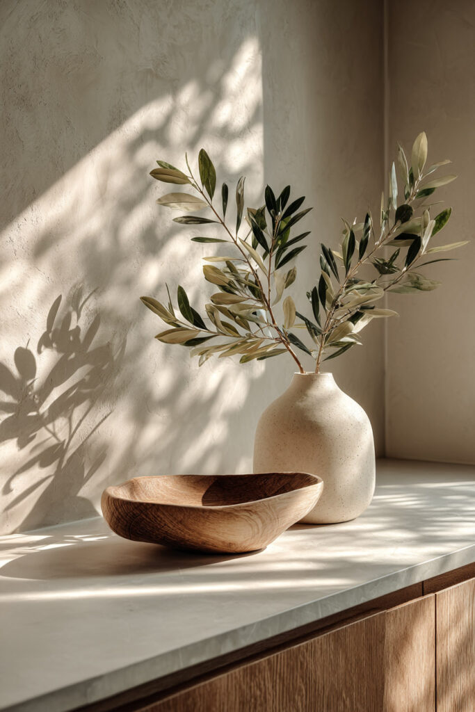Minimalist kitchen decor with olive branches, natural wood bowl, warm sunlight, and neutral organic styling