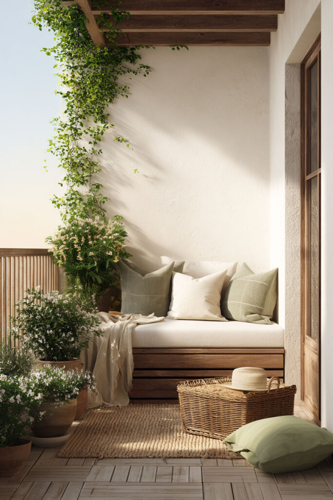 Cozy small balcony retreat with built-in seating, climbing plants, woven textures, and heat-tolerant flowers in warm sunlight