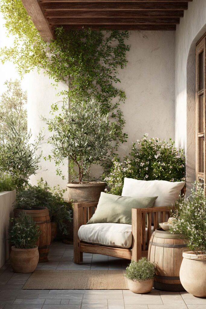 Private small balcony retreat with olive trees, climbing plants, neutral outdoor chair, and heat-tolerant container plants