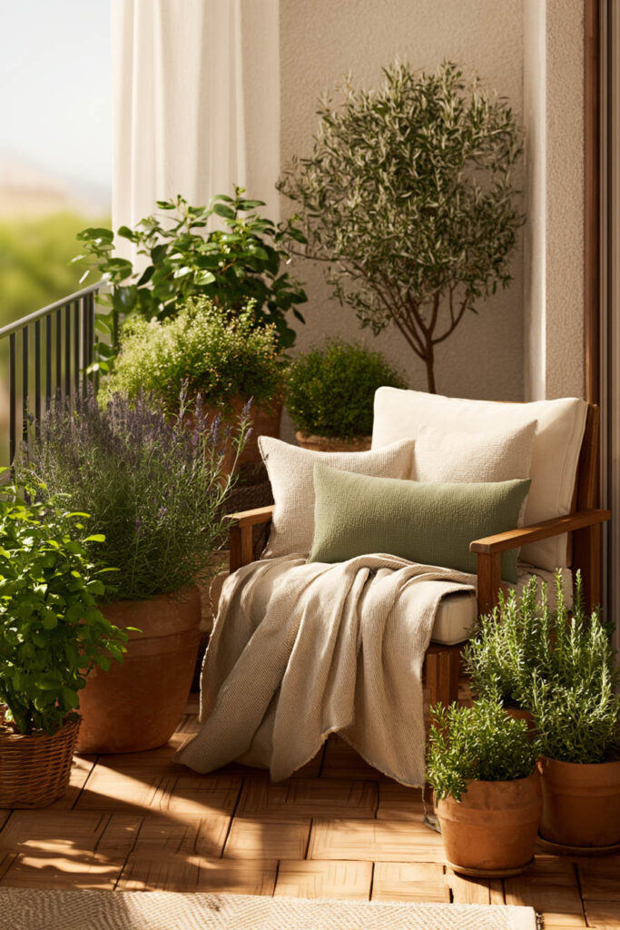 Cozy small balcony garden with neutral outdoor chair, terracotta planters, lavender, olive tree, and heat-tolerant plants in warm sunlight