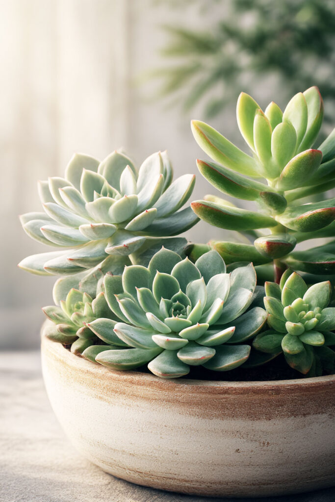 Drought-resistant succulent arrangement in a neutral planter with low-maintenance outdoor plants for hot weather