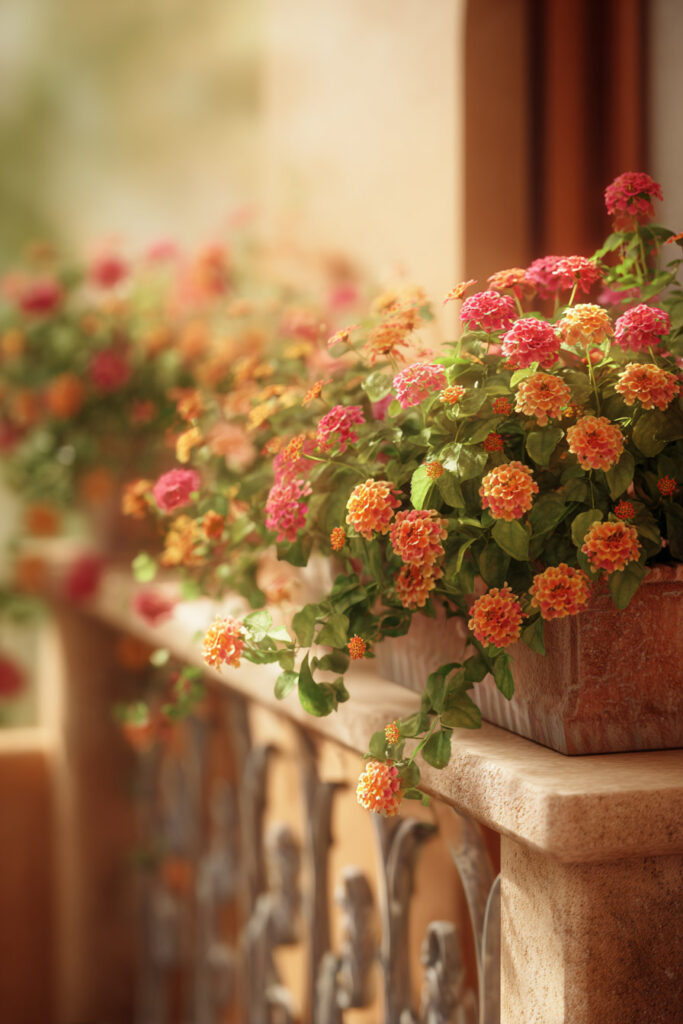 Heat-tolerant flowering plants in balcony planters with colorful drought-resistant blooms in warm sunlight