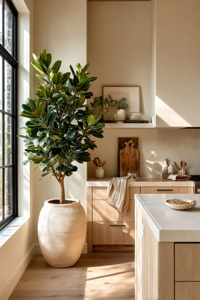 Rubber tree styled in a warm organic modern kitchen with wood cabinets, neutral decor, natural sunlight, and soft earthy textures.