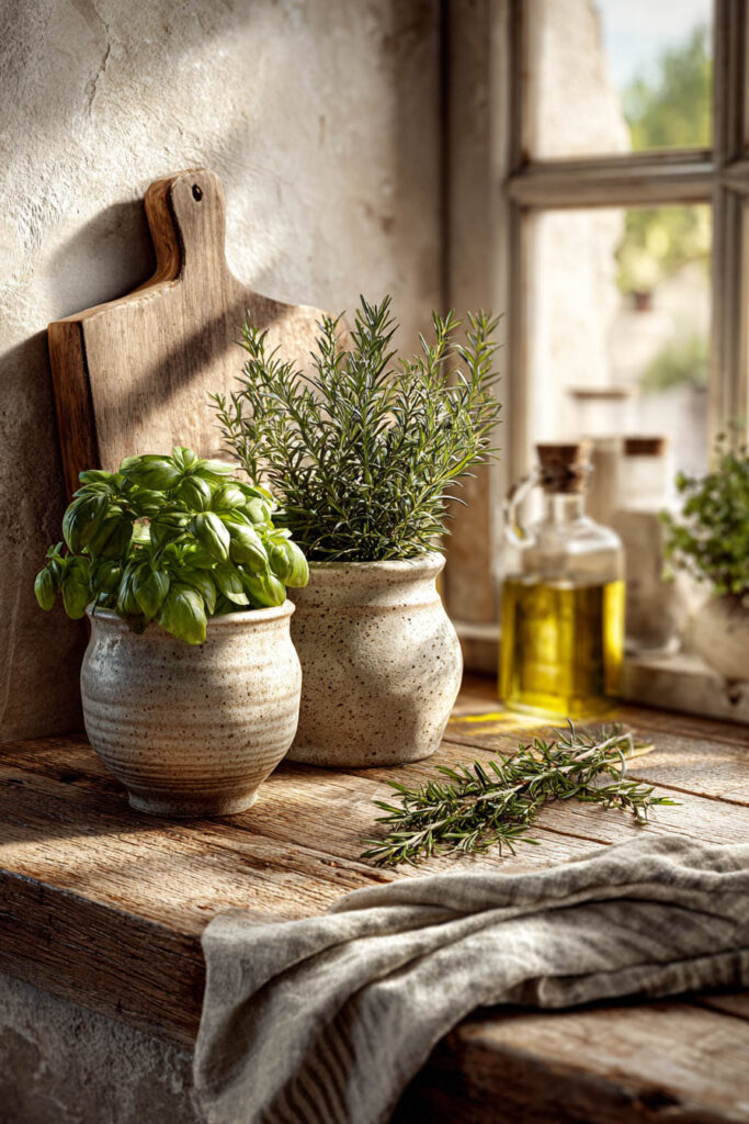 Rustic kitchen herb styling with basil and rosemary in ceramic pots on wooden countertop beside warm natural window light