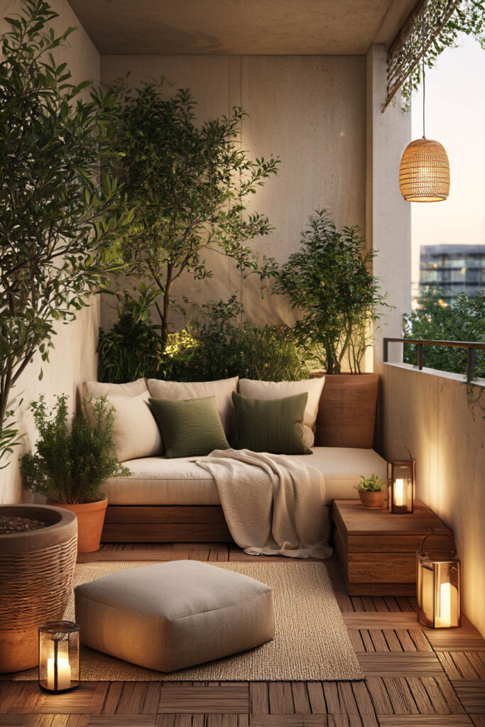 Cozy small balcony retreat at night with lantern lighting, built-in seating, woven textures, and heat-tolerant plants