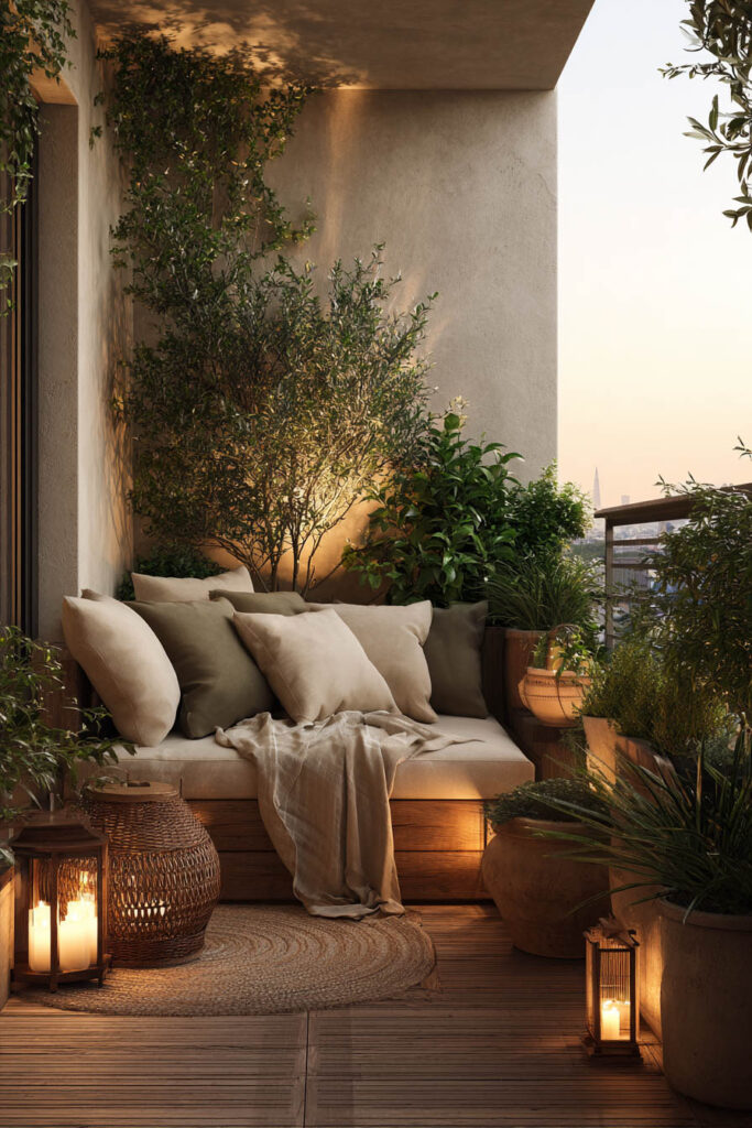 Cozy small balcony lounge with lantern lighting, built-in seating, lush heat-tolerant plants, and warm evening ambiance
