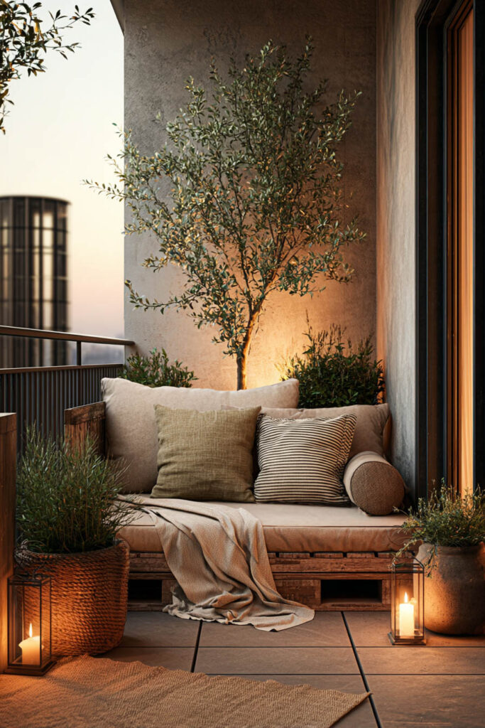 Small balcony retreat with lantern lighting, olive tree, neutral cushions, and heat-tolerant plants styled for cozy evenings