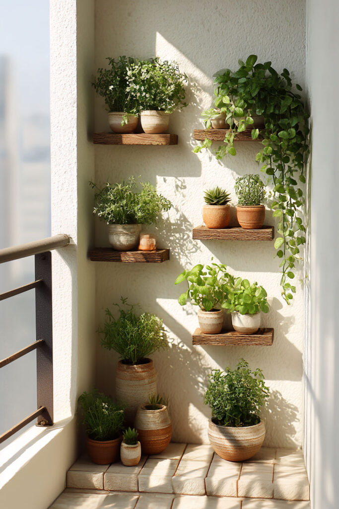 Small balcony vertical garden with floating wood shelves, trailing plants, herbs, and heat-tolerant potted greenery in sunlight