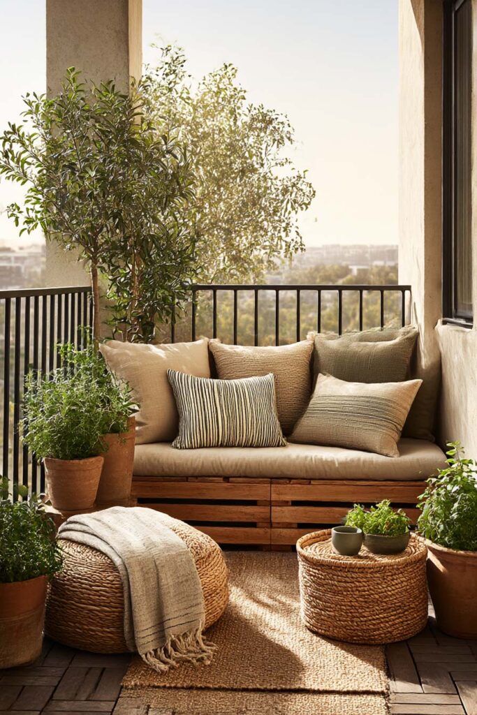 Cozy small balcony lounge with neutral cushions, woven ottoman, terracotta pots, and heat-tolerant plants in warm sunlight
