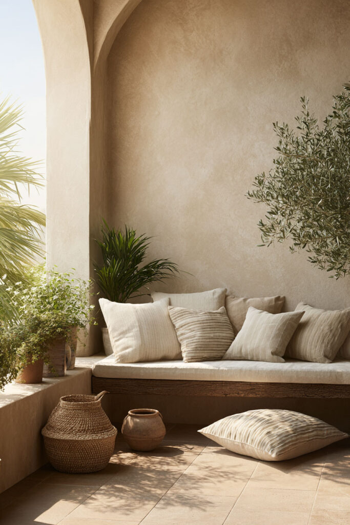 Minimalist small balcony retreat with neutral cushions, Mediterranean-inspired styling, and heat-tolerant plants in warm sunlight