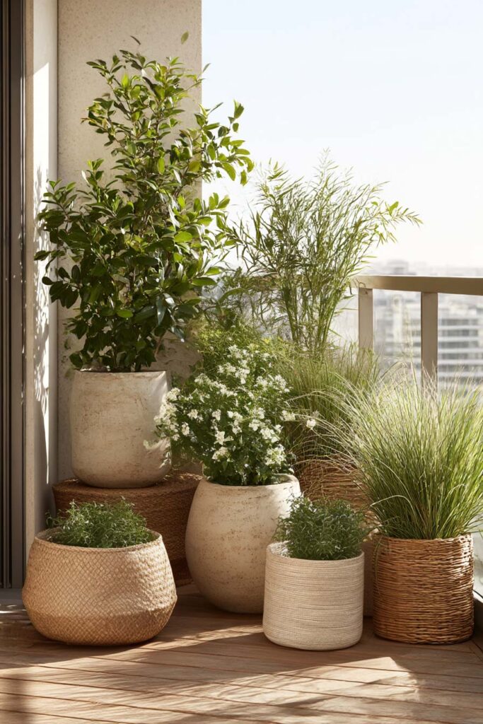 Small balcony garden with woven planters, ornamental grasses, white flowers, and heat-tolerant plants in warm sunlight