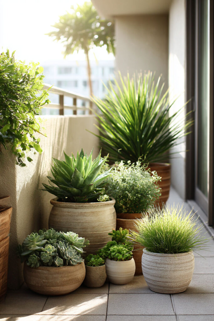 Small balcony garden with succulents, ornamental grasses, agave plant, and heat-tolerant container plants in warm sunlight