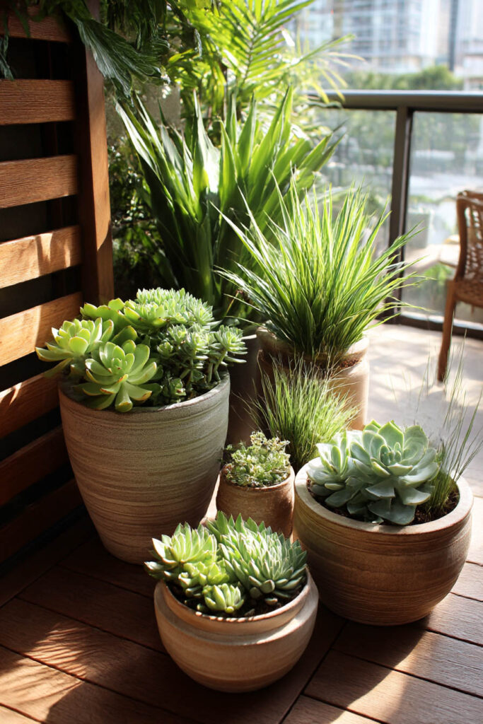 Sunny small balcony garden with succulents, ornamental grasses, tropical plants, and heat-tolerant container garden styling