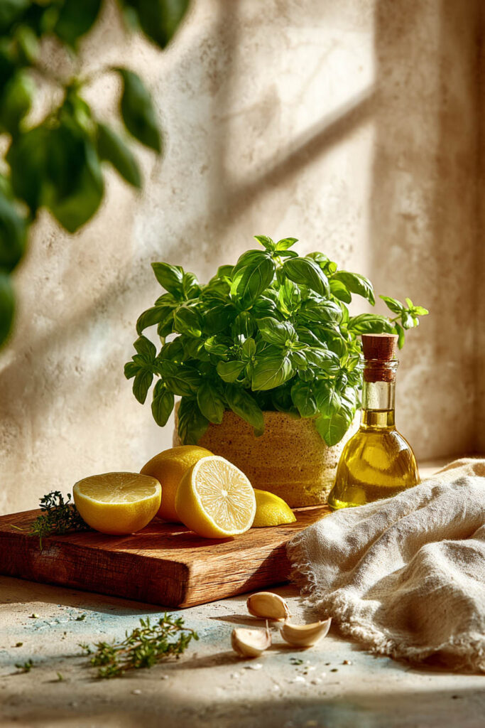 Cozy kitchen plant styling with fresh basil, lemons, olive oil, and warm natural light on rustic countertop