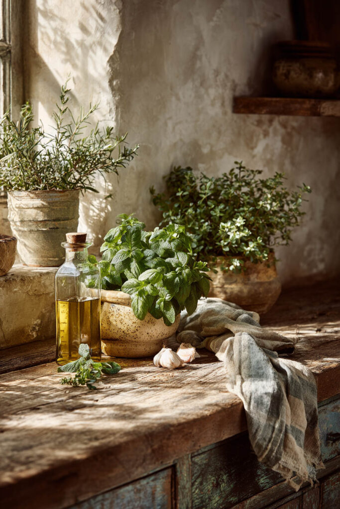 Fresh kitchen herbs styled on a rustic wooden countertop with olive oil, garlic, linen fabric, and warm natural sunlight.