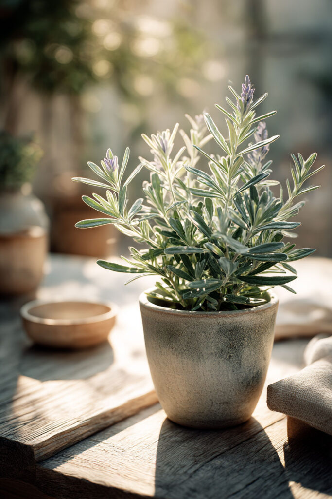 Potted lavender plant in warm sunlight with drought-tolerant outdoor greenery for hot weather patios and balconies